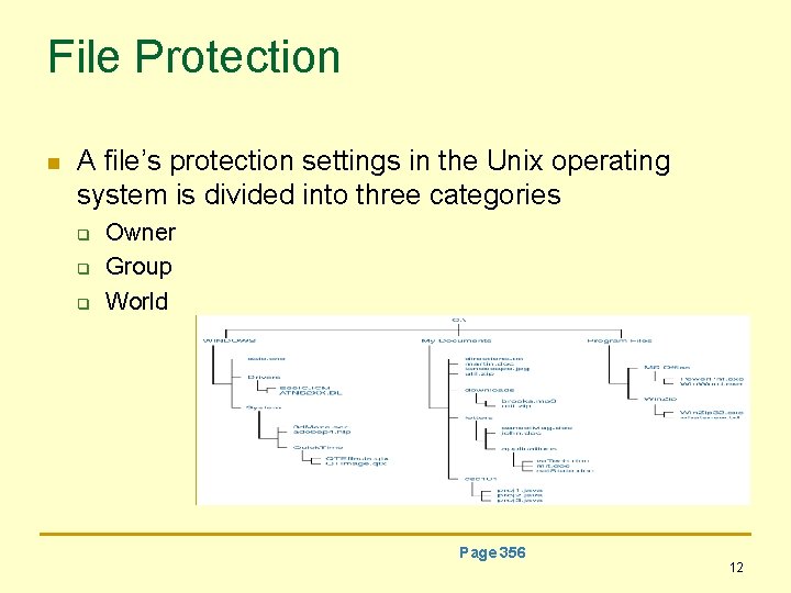 File Protection n A file’s protection settings in the Unix operating system is divided