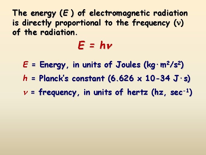 The energy (E ) of electromagnetic radiation is directly proportional to the frequency (
