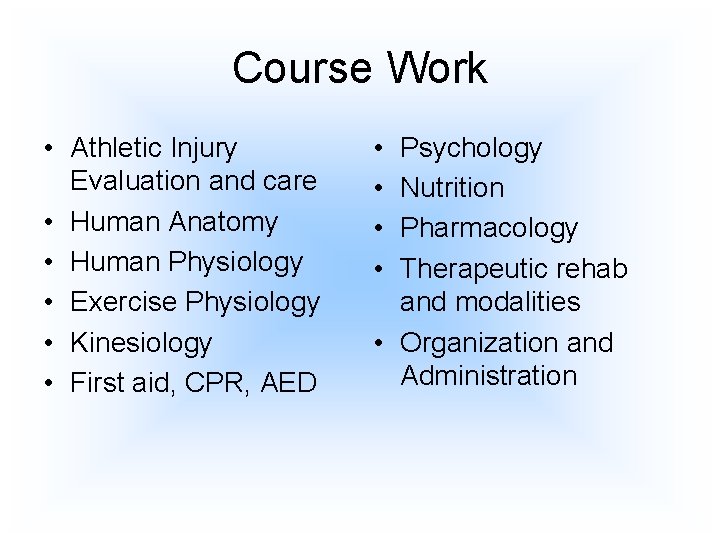 Course Work • Athletic Injury Evaluation and care • Human Anatomy • Human Physiology