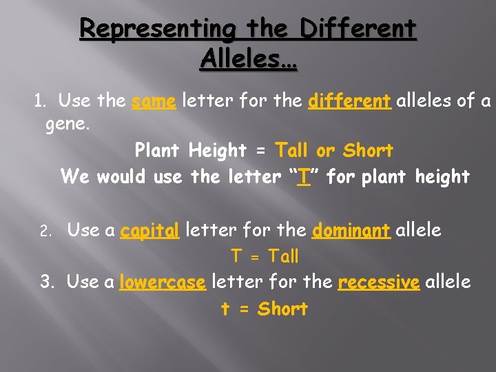 Representing the Different Alleles… 1. Use the same letter for the different alleles of