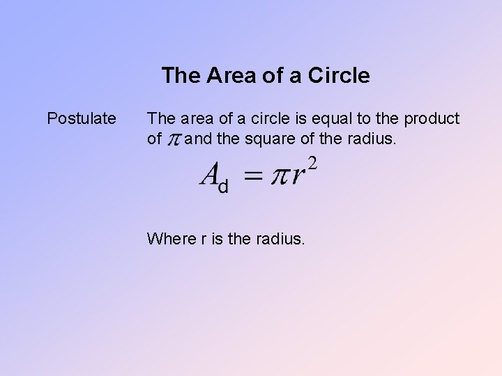 The Area of a Circle Postulate The area of a circle is equal to