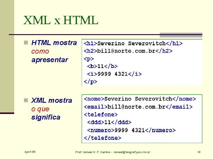 XML x HTML n HTML mostra como apresentar n XML mostra o que significa