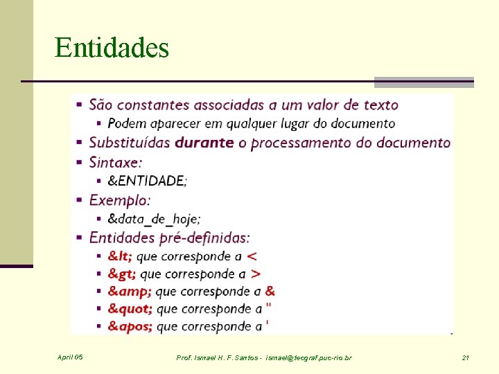 Entidades April 05 Prof. Ismael H. F. Santos - ismael@tecgraf. puc-rio. br 21 