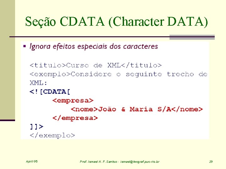 Seção CDATA (Character DATA) April 05 Prof. Ismael H. F. Santos - ismael@tecgraf. puc-rio.