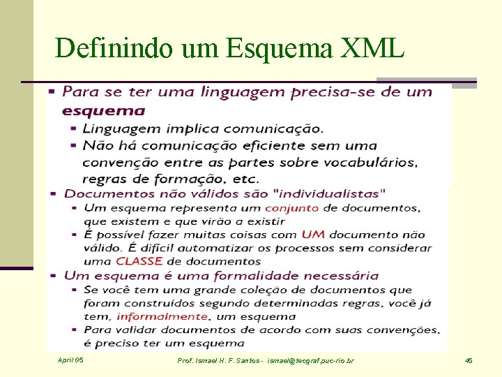 Definindo um Esquema XML April 05 Prof. Ismael H. F. Santos - ismael@tecgraf. puc-rio.
