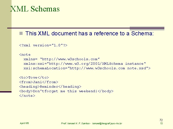 XML Schemas n This XML document has a reference to a Schema: <? xml