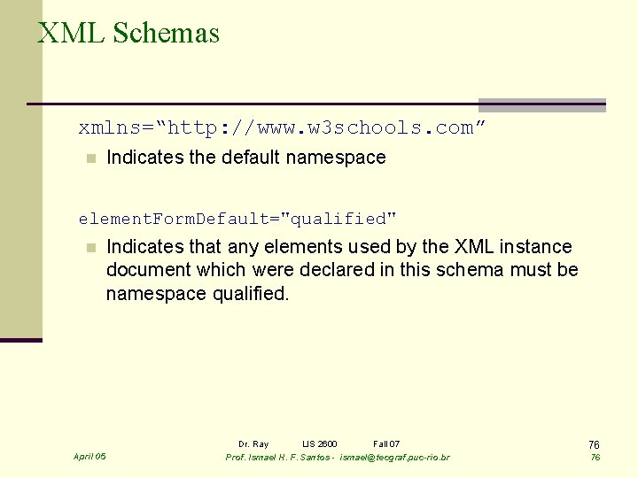 XML Schemas xmlns=“http: //www. w 3 schools. com” n Indicates the default namespace element.