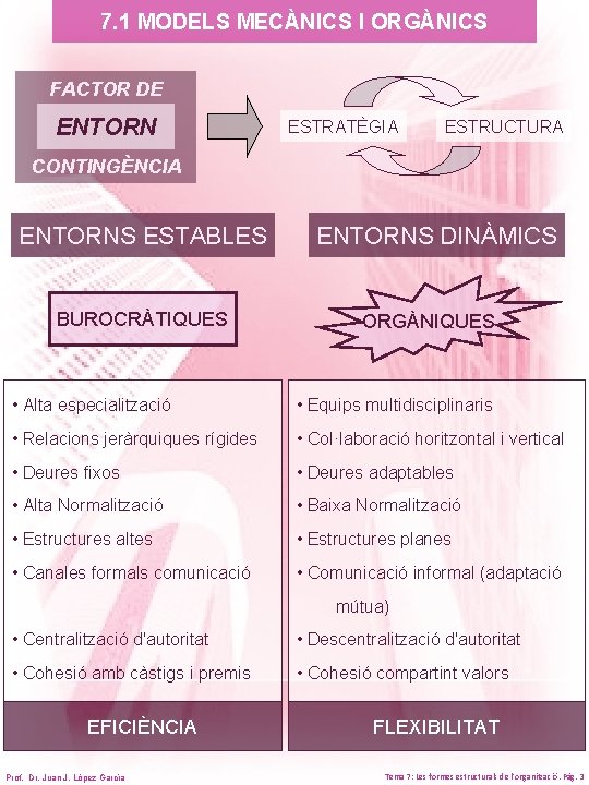 7. 1 MODELS MECÀNICS I ORGÀNICS FACTOR DE ENTORN ESTRATÈGIA ESTRUCTURA CONTINGÈNCIA ENTORNS ESTABLES