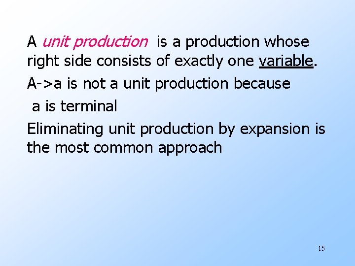 A unit production is a production whose right side consists of exactly one variable.