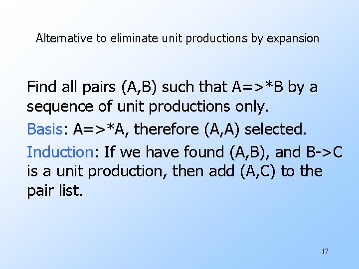 Alternative to eliminate unit productions by expansion Find all pairs (A, B) such that