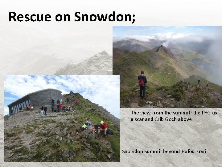 Rescue on Snowdon; The view from the summit; the PYG as a scar and