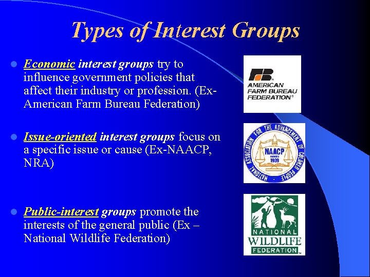 Types of Interest Groups l Economic interest groups try to influence government policies that