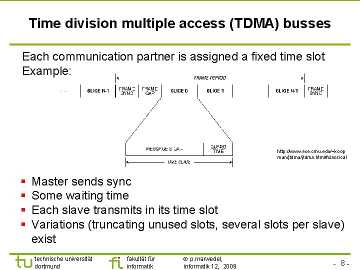 Time division multiple access (TDMA) busses Each communication partner is assigned a fixed time