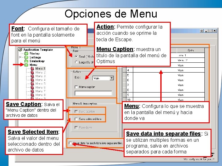 Opciones de Menu Font: Configura el tamaño de font en la pantalla solamente para