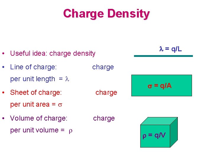 Charge Density • Useful idea: charge density • Line of charge: charge per unit