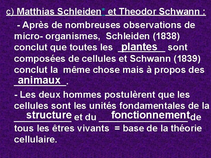 c) Matthias Schleiden* et Theodor Schwann : - Après de nombreuses observations de micro-