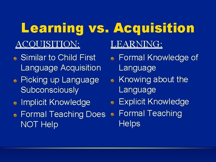 Learning vs. Acquisition ACQUISITION: Similar to Child First Language Acquisition Picking up Language Subconsciously