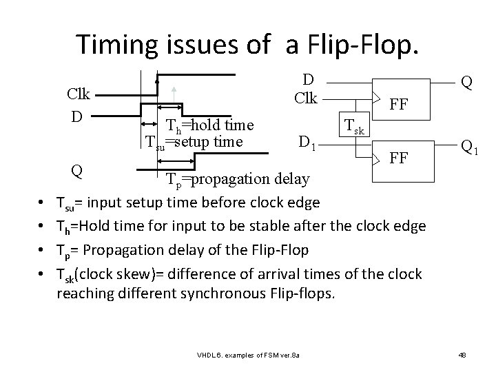 Timing issues of a Flip-Flop. Clk D D Clk Th=hold time Tsu=setup time D