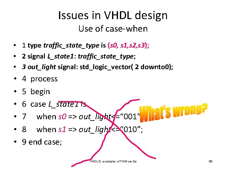 Issues in VHDL design Use of case-when • 1 type traffic_state_type is (s 0,