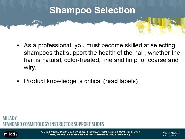 Shampoo Selection • As a professional, you must become skilled at selecting shampoos that