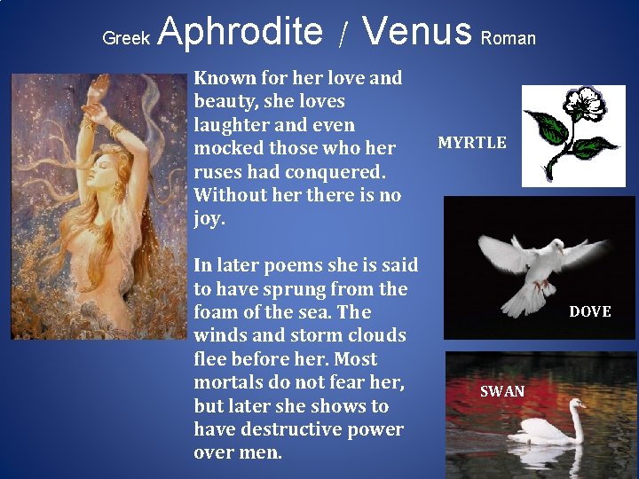 Greek Aphrodite / Venus Roman Known for her love and beauty, she loves laughter Greek Aphrodite / Venus Roman Known for her love and beauty, she loves laughter