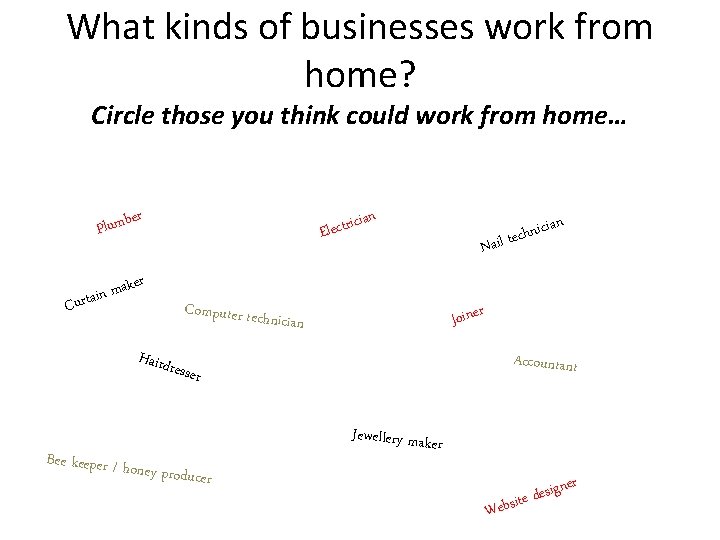 What kinds of businesses work from home? Circle those you think could work from