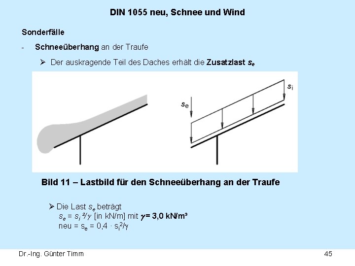 DIN 1055 neu, Schnee und Wind Sonderfälle - Schneeüberhang an der Traufe Ø Der