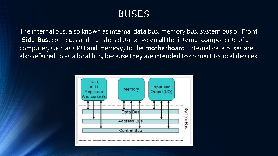 BUSES The internal bus, also known as internal data bus, memory bus, system bus