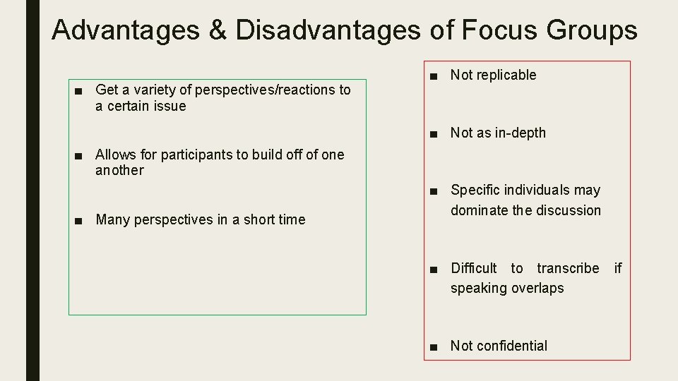 Advantages & Disadvantages of Focus Groups ■ Get a variety of perspectives/reactions to a