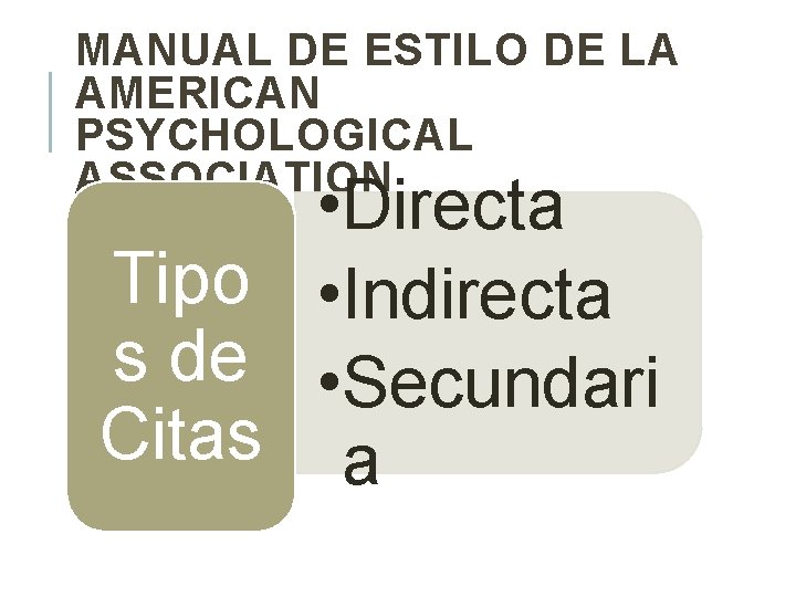 MANUAL DE ESTILO DE LA AMERICAN PSYCHOLOGICAL ASSOCIATION • Directa Tipo • Indirecta s