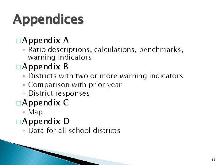 Appendices � Appendix A � Appendix B � Appendix C � Appendix D ◦