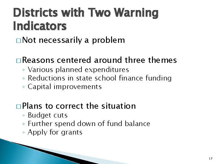 Districts with Two Warning Indicators � Not necessarily a problem � Reasons centered around