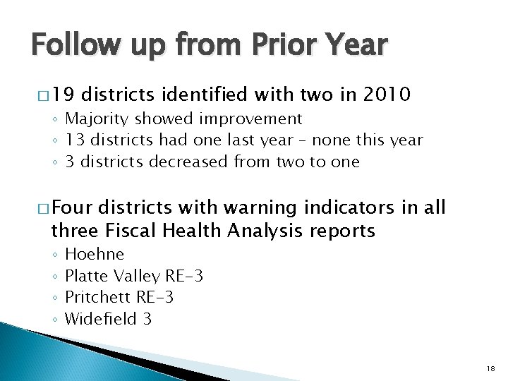 Follow up from Prior Year � 19 districts identified with two in 2010 ◦