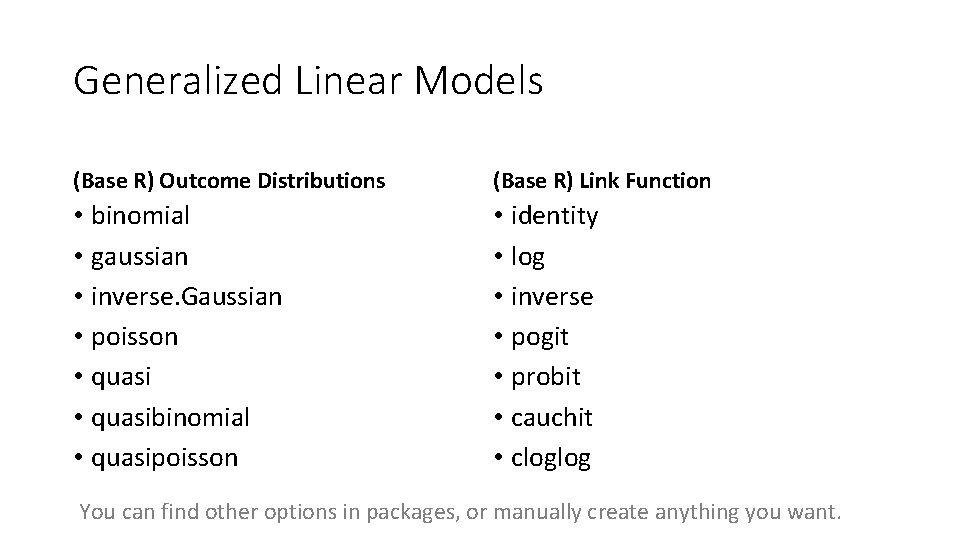 Generalized Linear Models (Base R) Outcome Distributions (Base R) Link Function • binomial •