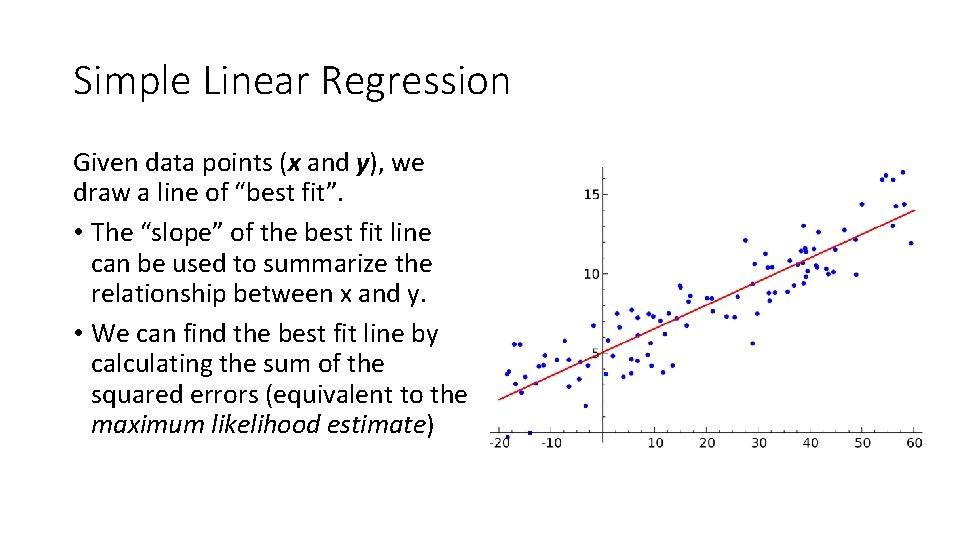 Simple Linear Regression Given data points (x and y), we draw a line of