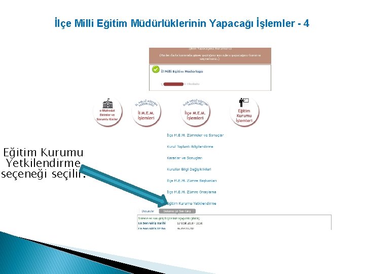 İlçe Milli Eğitim Müdürlüklerinin Yapacağı İşlemler - 4 Eğitim Kurumu Yetkilendirme seçeneği seçilir. 