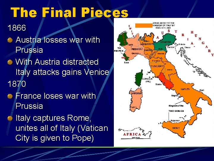 The Final Pieces 1866 Austria losses war with Prussia With Austria distracted Italy attacks