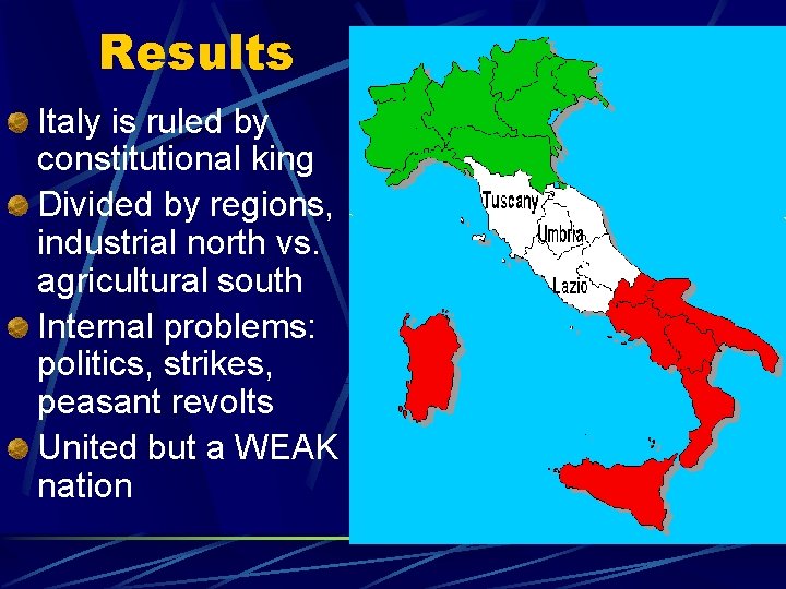 Results Italy is ruled by constitutional king Divided by regions, industrial north vs. agricultural