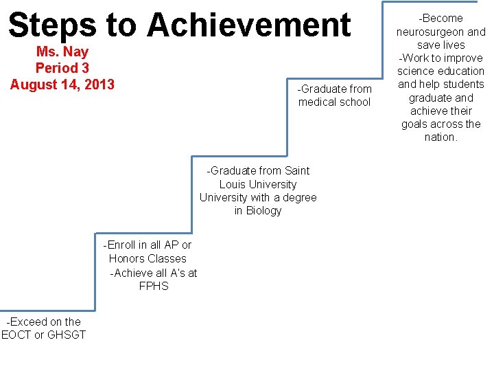 Steps to Achievement Ms. Nay Period 3 August 14, 2013 -Graduate from medical school