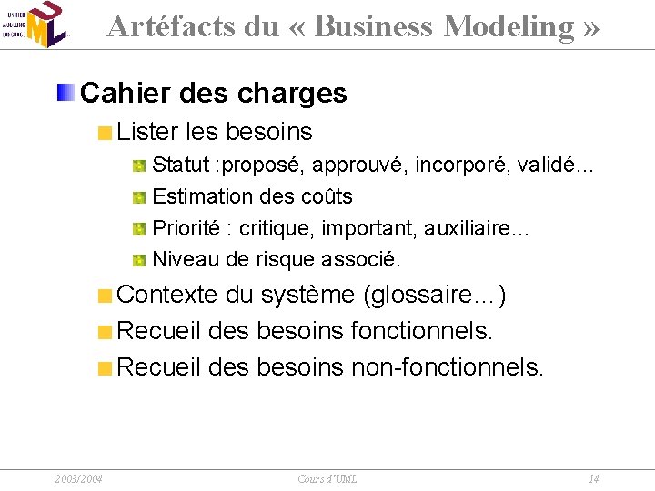 Artéfacts du « Business Modeling » Cahier des charges Lister les besoins Statut :
