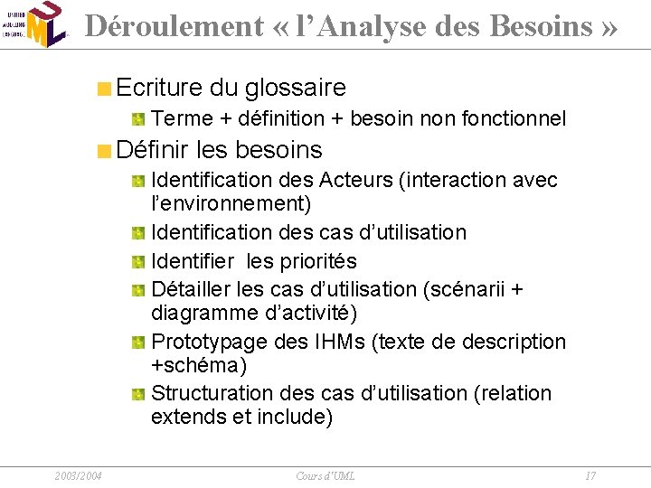 Déroulement « l’Analyse des Besoins » Ecriture du glossaire Terme + définition + besoin