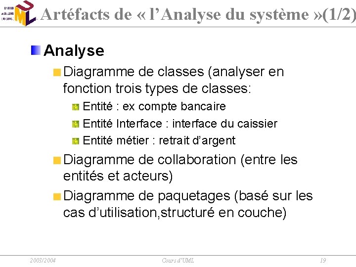 Artéfacts de « l’Analyse du système » (1/2) Analyse Diagramme de classes (analyser en