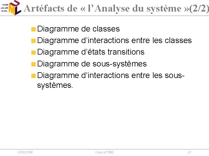 Artéfacts de « l’Analyse du système » (2/2) Diagramme de classes Diagramme d’interactions entre