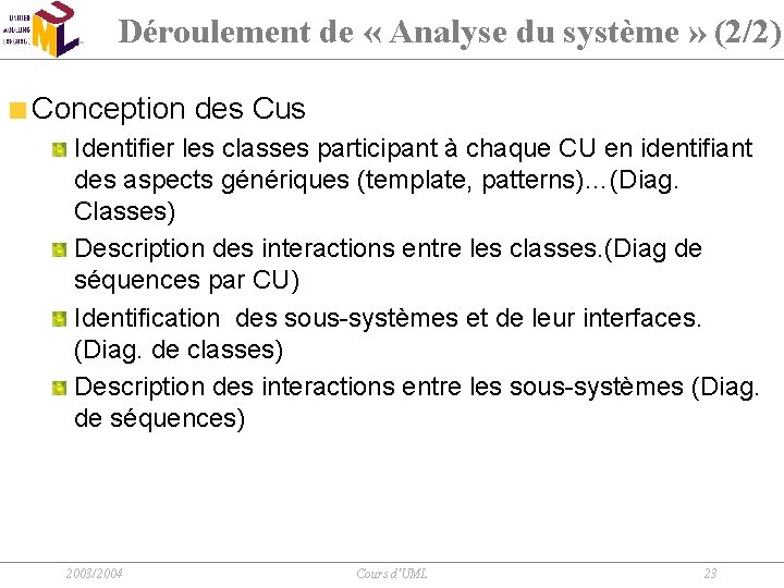 Déroulement de « Analyse du système » (2/2) Conception des Cus Identifier les classes