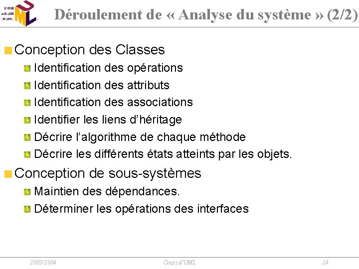 Déroulement de « Analyse du système » (2/2) Conception des Classes Identification des opérations