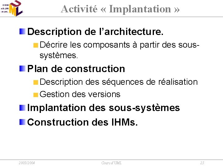 Activité « Implantation » Description de l’architecture. Décrire les composants à partir des soussystèmes.