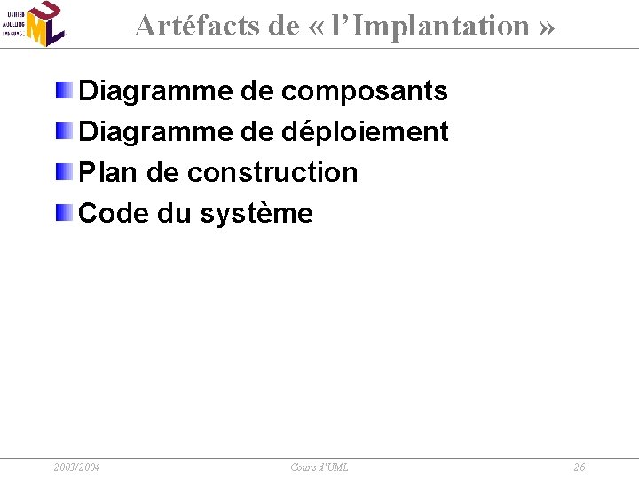 Artéfacts de « l’Implantation » Diagramme de composants Diagramme de déploiement Plan de construction