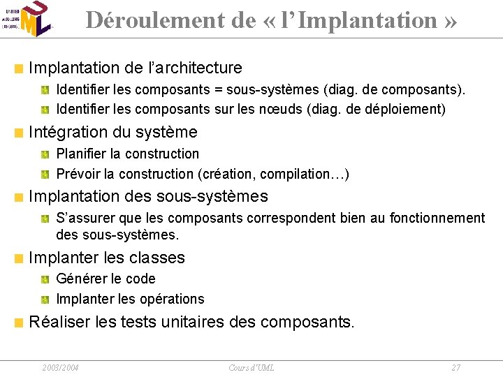 Déroulement de « l’Implantation » Implantation de l’architecture Identifier les composants = sous-systèmes (diag.