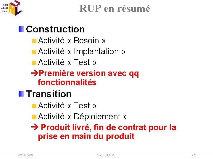 RUP en résumé Construction Activité « Besoin » Activité « Implantation » Activité «