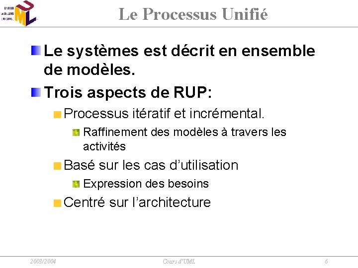 Le Processus Unifié Le systèmes est décrit en ensemble de modèles. Trois aspects de